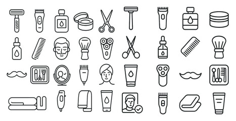 Collection of various grooming tools and products, including a razor, scissors, and a brush. Concept of personal care and grooming