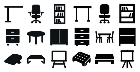 Collection of furniture icons, including chairs, tables, and desks. Scene is professional and organized