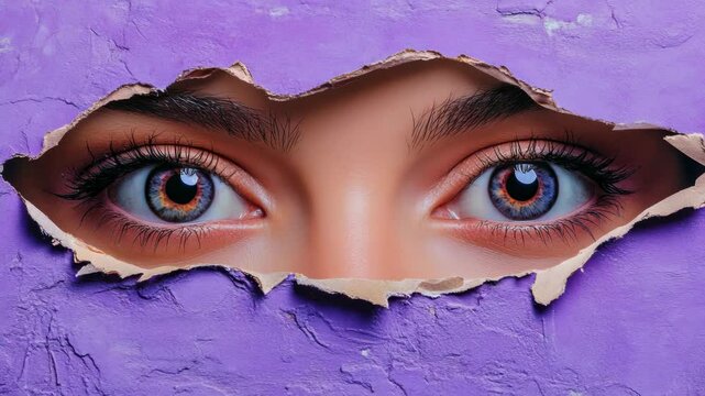 A person's eye and nose poking through a hole in a purple wall background.