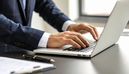 An office worker typing on a laptop keyboard with a business document and a ballpoint pen next to him
