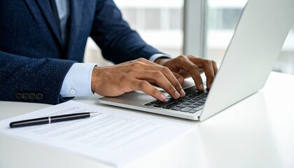 An office worker typing on a laptop keyboard with a business document and a ballpoint pen next to him