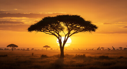 Obraz premium African Savanna Sunset with Silhouetted Acacia Tree and Grazing Wildlife