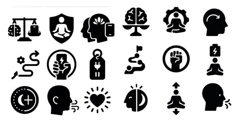 Collection of black and white icons that represent various concepts related to mental health and well-being