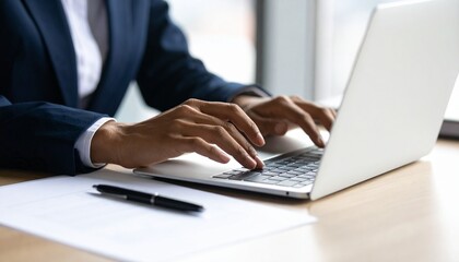An office worker typing on a laptop keyboard with a business document and a ballpoint pen next to him
