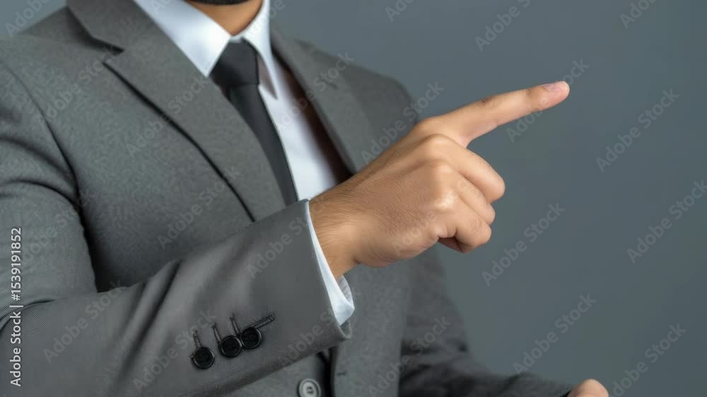 Poster a man in a suit pointing to the left. concept of importance and authority, as the man is dressed in 