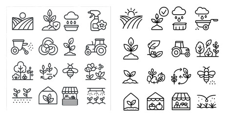 Fototapeta premium The image is a collection of farm-related icons, including tractors, bees, and other farm equipment. The icons are arranged in a grid, with some icons overlapping each other