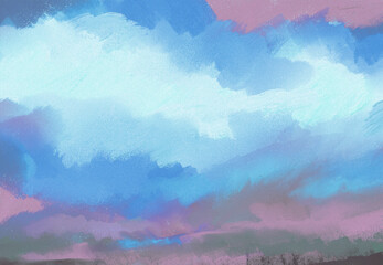 Fototapeta premium Impressionistic Sunset Sunrise Cloudscape Landscape Digital Painting, Art-Cloud Over Meadow in Vibrant Striking Colors of Blue, Purple & Charcoal Gray w/Canvas & Paint Texture-Backdrop, Background