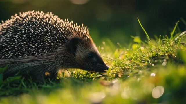 A young hedgehog in a grassy area, possibly a forest floor or meadow. The soft fur and dark eyes are visible on the cute little creature.