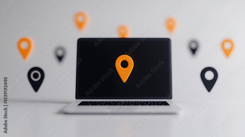 Poster laptop displaying location markers. the screen shows a central point, indicating navigation and conn