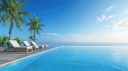 Fototapeta premium Tropical infinity pool with lounge chairs by the ocean.