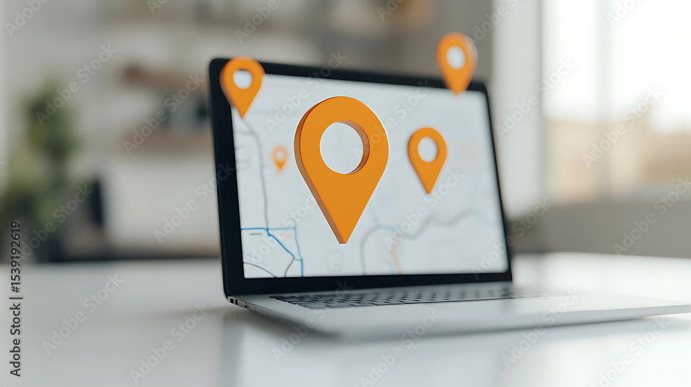 Poster digital mapping: laptop displaying a map with location pins indicating different destinations. onlin