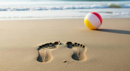 Fresh footprints in golden sand near a colorful beach ball by the shore, with ocean waves in the background—capturing the carefree feeling of summer.