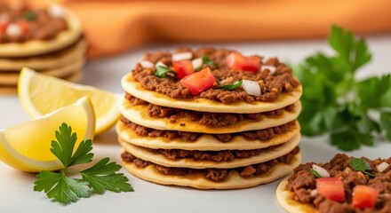 Stack of delicious mini lahmacun topped with minced meat, onions, and tomatoes, garnished with lemon wedges and parsley on a clean tabletop.