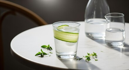 Refreshing glass of cucumber-infused sparkling water on a white marble table with sprigs of herbs and sunlight—clean, healthy, and minimalist lifestyle.