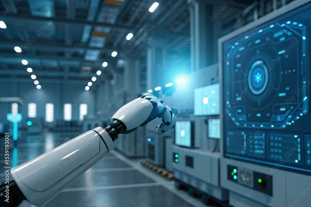 Poster robotics innovation with a futuristic robot arm interacting with a digital interface in a smart fact