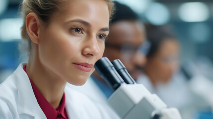 Fototapeta premium Focused female laboratory assistants examining blood samples