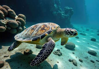 Obraz premium Hawksbill sea turtle swimming in the ocean over a sandy seabed