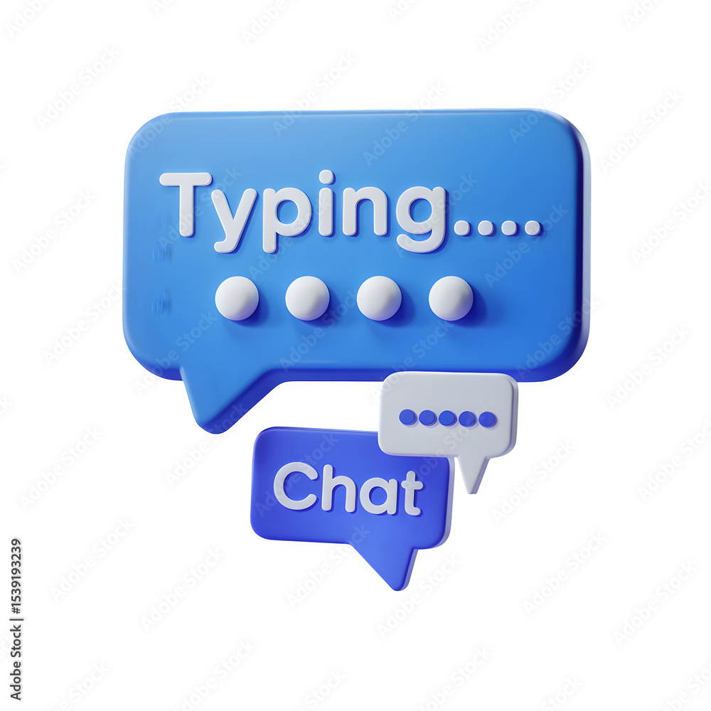 Poster 3d render of blue chat bubbles typing indicator isolated on transparent background