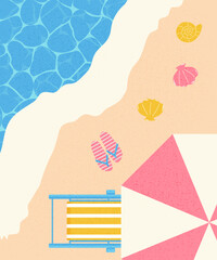 summer banner, beach umbrella with sun lounger on the beach, grainy texture, vector illustration
