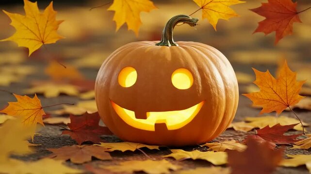 Festive Halloween Pumpkin Patch Animation with Smiling Jack-o'-Lanterns and Autumn Leaves