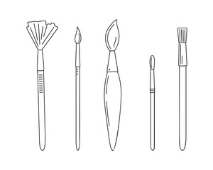 Paint brushes set simple hand drawn outline doodle vector illustration, school stationary object, painting tools for hobby, craft, drawing