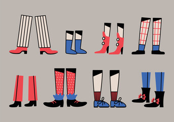 Various small, tiny and big human legs, different pants and shoes in flat style. Cartoon comic style. Colorful hand drawn vector illustration. Isolated doodle design elements. Icon, logo, print.