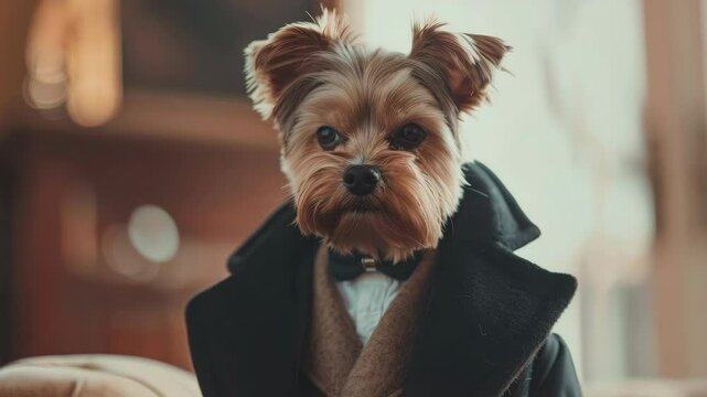 Little Yorkie in a fancy coat sitting indoors, posing stylishly.