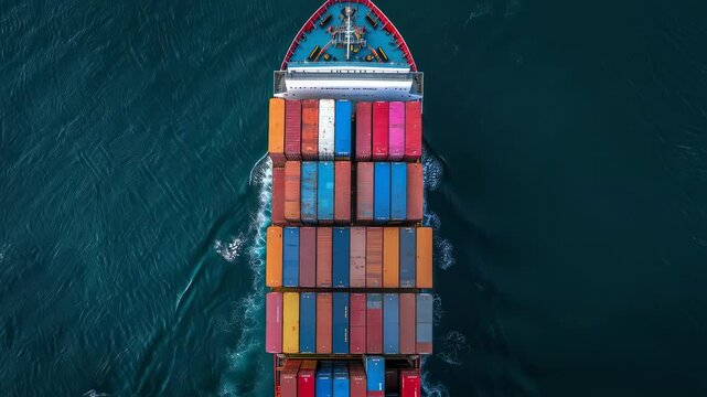 An overhead view of a container ship traversing vast, deep blue sea, carrying a cargo of vibrant shipping containers, signifying the crucial role of global trade and transportation.