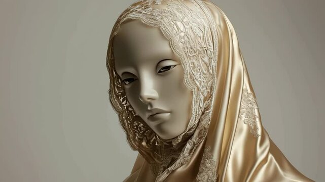 Muslim woman in hijab. Mannequin in white wedding dress and hijab. Modesty. Religion Islam. A woman wearing a gold scarf with lace. The scarf is draped over her head and neck. The woman is looking dow