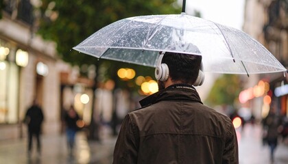 Quiet back view of a young man listening to music with an umbrella on a rainy street

