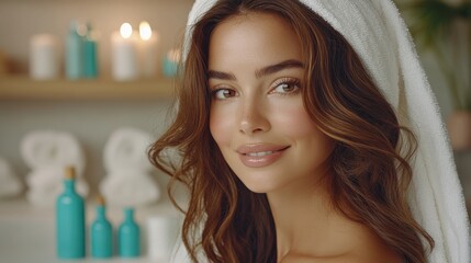 Relaxed Young Woman with Natural Beauty in Spa-like Setting, Ideal for Wellness and Skincare Promotions