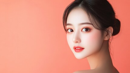Elegant Portrait of a Young Woman Against a Soft Coral Background