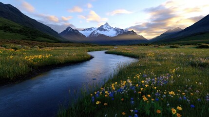 A picturesque valley showcases a winding river beneath towering mountains. Colorful wildflowers bloom in the foreground as the sun sets, casting warm light on the landscape