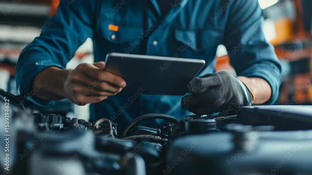 Poster industrial worker using tablet computer to access work manual or diagnostics while repairing vehicle