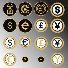 Vector set of gold round web icons  in coins for business and internet design