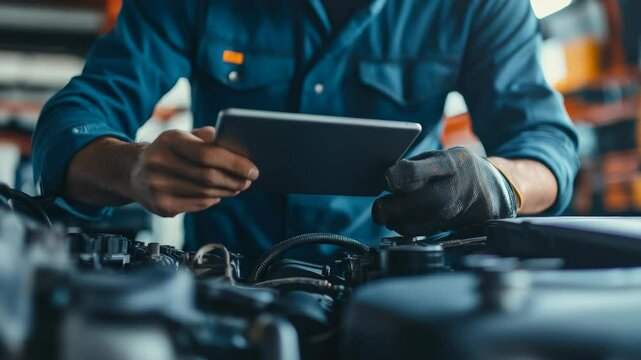 Industrial worker using tablet computer to access work manual or diagnostics while repairing vehicle. Includes safety gloves and tools.