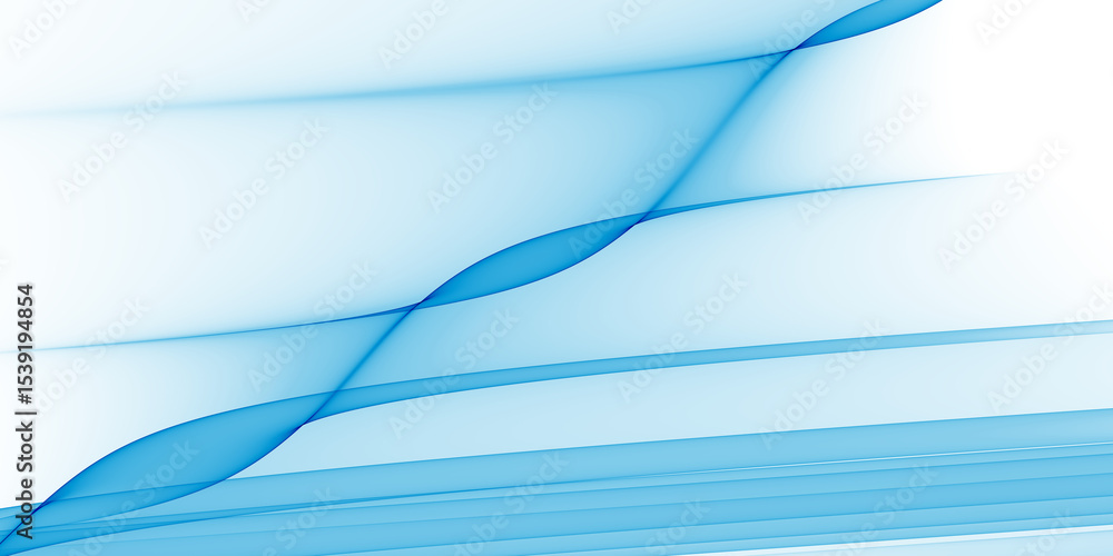 Poster abstract light blue background with translucent blue lines and curves crossing diagonally across fra