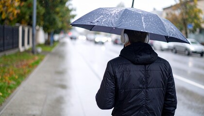 Quiet back view of a young man listening to music with an umbrella on a rainy street
