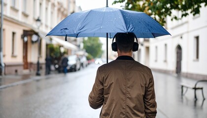 Quiet back view of a young man listening to music with an umbrella on a rainy street
