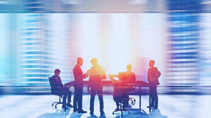 Silhouette of business people in a cafe, a group meeting at a table, discussing work