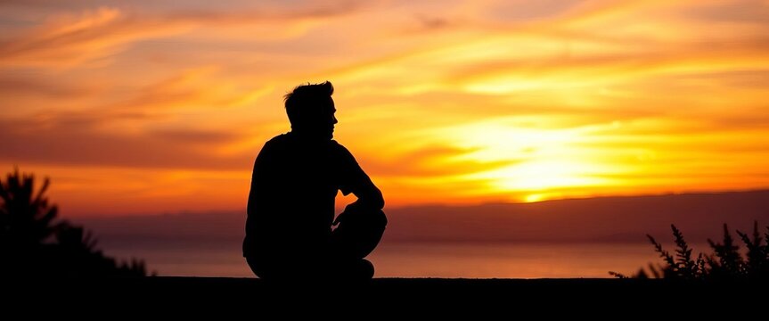 Silhouetted figure sits on wall, headphones on, sunset backdrop, evening, retaining wall