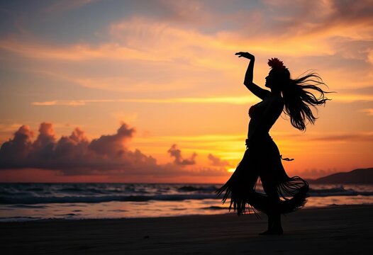 Silhouetted hula dancer moves gracefully on beach at sunset,  sky,  art