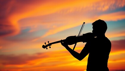 Fototapeta premium Silhouette of a violinist playing at sunset, vibrant sky backdrop, scene, peaceful
