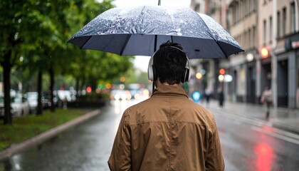 Quiet back view of a young man listening to music with an umbrella on a rainy street