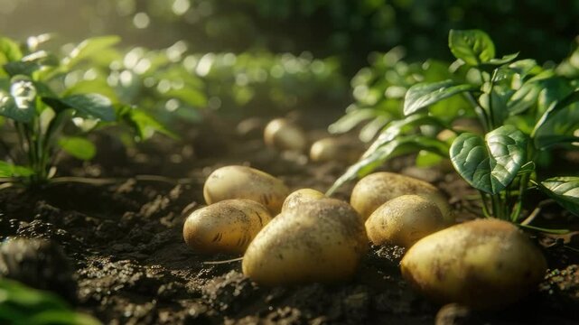 Several young potato plants growing in garden soil.