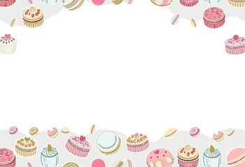 Sketchy doodle cakes & macarons horizontal border seamless pattern vector illustration,  dessert,   biscuit