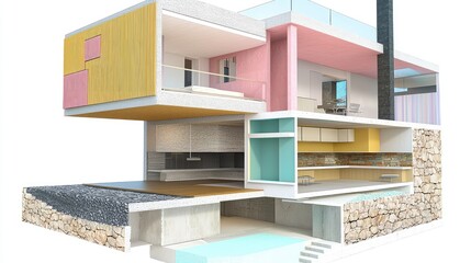 Colorful, modern house cross-section illustration.