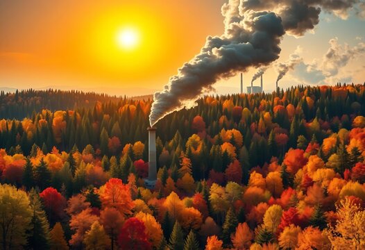 Smokestacks belch black smoke into a vibrant sun-drenched forest,  contrast,  industrialization