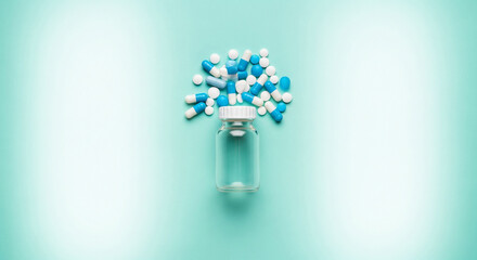 Pills overflowing from a bottle, symbolizing medication abundance, pharmaceutical industry, global health challenges, or healthcare access. Space for text.