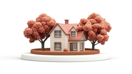 Miniature home with trees on a round platform.